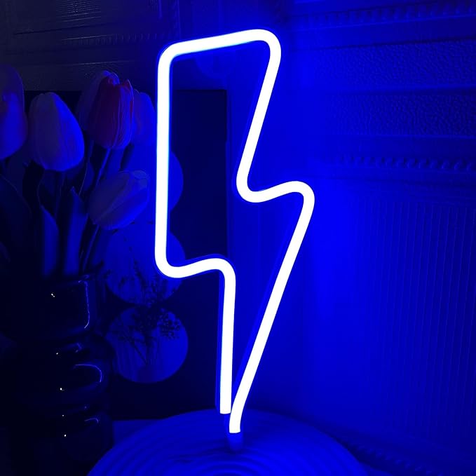 Neon Signs Lightning Bolt Neon Light Sign for Wall Decor, Battery or USB Powered Led Lightning Light Neon Sign for Bedroom, Kids Room, Birthday, Party, Wedding, Home, Kids Decorations Blue