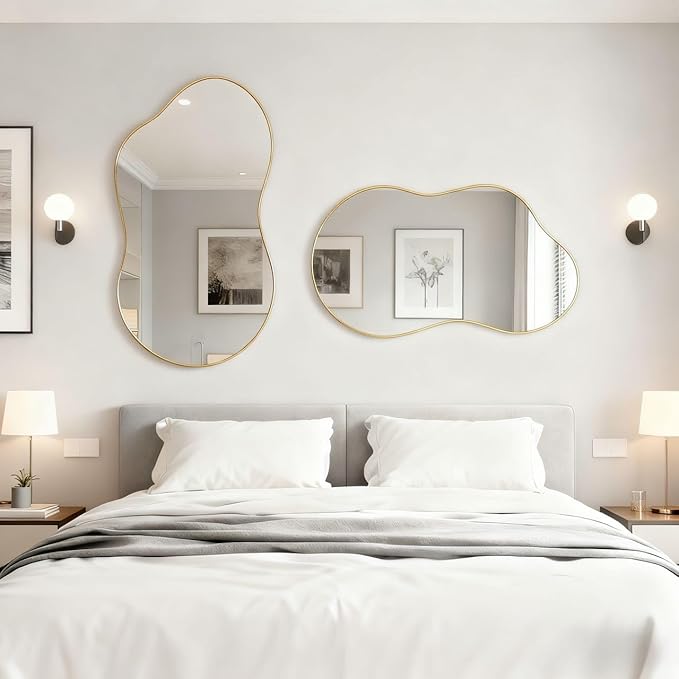 Itrue 20×36 Inch Irregular Wall Mirror, Brushed Gold Metal Framed Asymmetrical Bathroom Mirror, Silver-Backed HD Tempered Glass Vanity Mirror for Over Sink, Living Room, Entryway