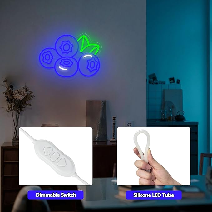 Blueberry Neon Sign for Wall Decor, Dimmable Fruit Blueberry Neon Lights, Vibrant Fruit Themed Neon LED Signs for Kids Room, Bedroom, Restaurant, Bar, Club, Fruit Shop, Birthday Party