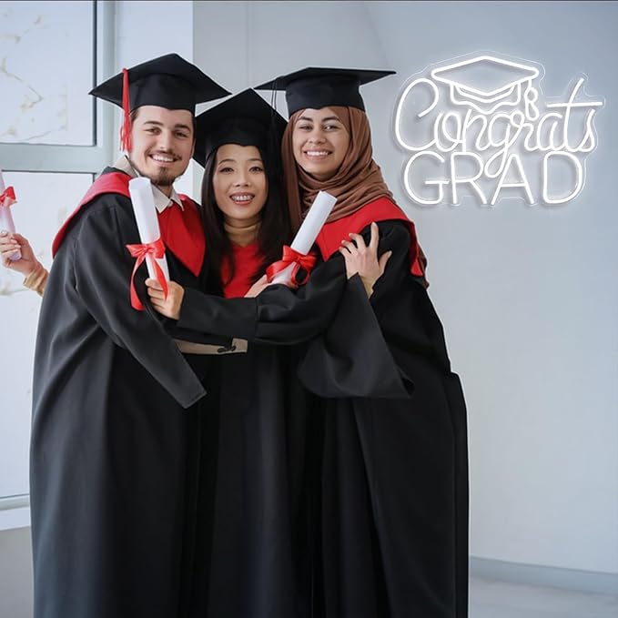“Congrats Grad” White Neon Sign – 16.5×12.6 in Crisp LED Backdrop for Grad Photos, 6000K Bright Light, Dimmable with Wired Dimmer, Includes Wall Anchors – Tech Grad Gift