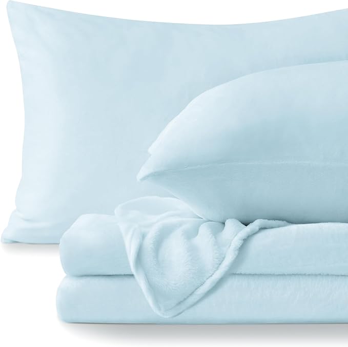 BEDELITE Flannel Sheets Queen Size Blue - Super Soft Fleece Sheets Set Fluffy Extra Plush, 4 Piece(Include Fitted Sheet, Flat Sheet, 2 Pillowcases)