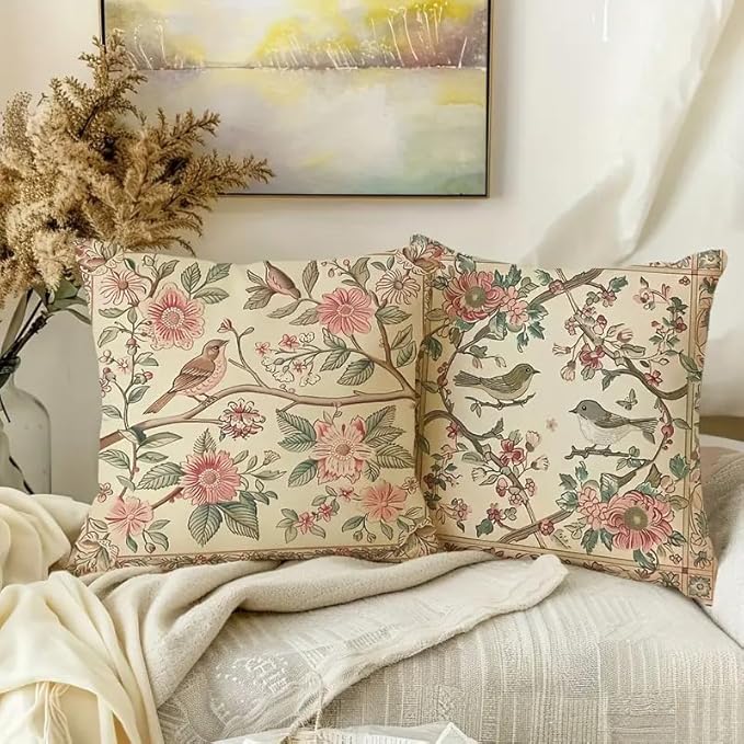 Vintage Floral Bird Print Decorative Throw Pillow Covers, Beige with Pink Flowers and Green Leaves, Traditional Garden Design, 2-Pack， 18x18 Pillows Linen Pillowcase