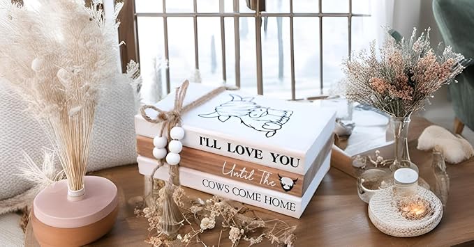 LIVDUCOT Highland Cow Wood Book Stacks Decor - Rustic Farmhouse Decorative Books Sign for Home Coffee Table Mantle Fireplace Shelf Decorations - I'll Love You Until the Cows Come Home 7.5x5x3'