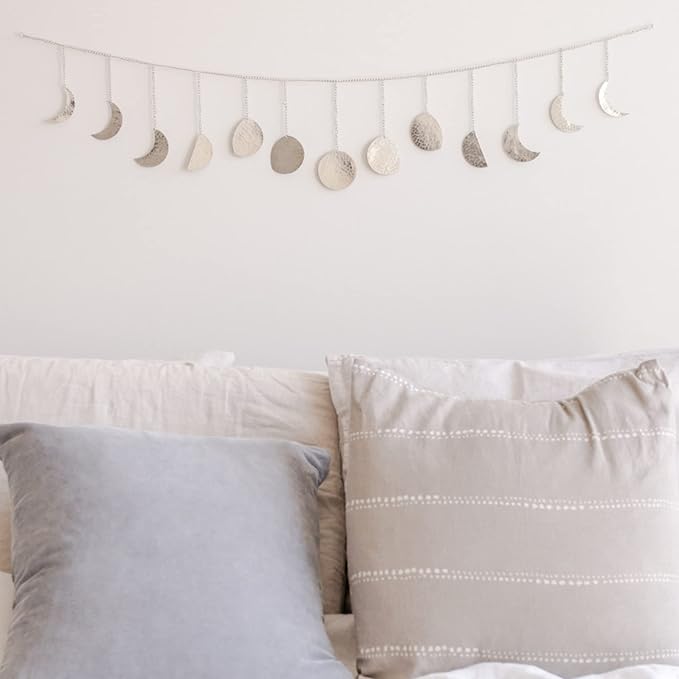 BASE ROOTS Moon Phase Wall Decor, Silver Wall Decor for Bedroom & Living Room, Bohemian Wall Decor, Handmade Hammered Metal 36" 13 Phases Moon Wall Decor, Celestial Wall Art, Gift for Women & Kids