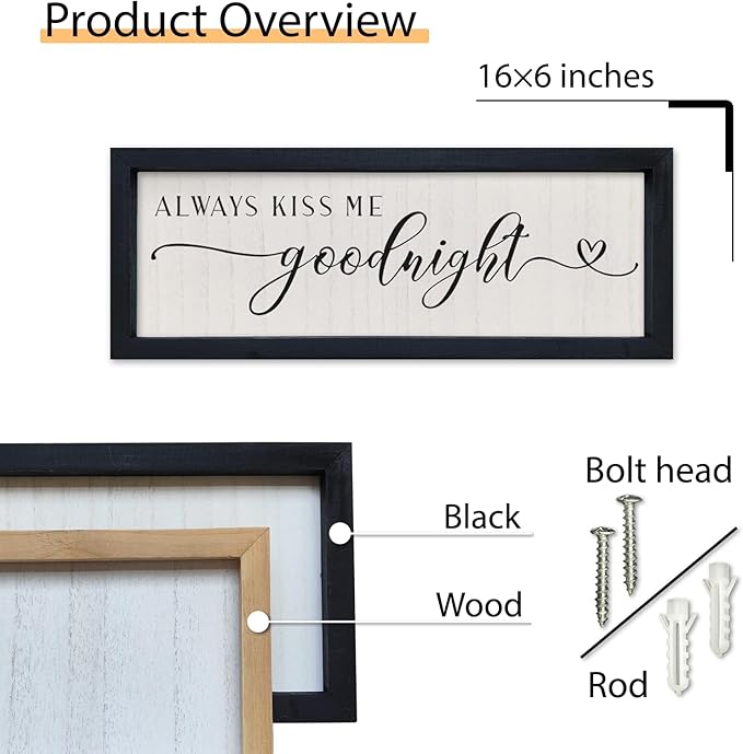 SRSZHIYUE Always Kiss Me Goodnight Sign 16"X6" Farmhouse Above Over Bed Couples Love Quotes Theme Master Bedroom Wall Decor Romantic Wedding Gift Hanging (Black)
