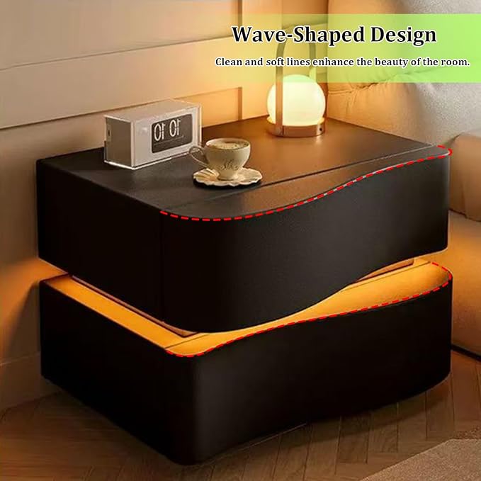 Modern Nightstand with LED Light, Leather Night Stand with Drawer, Solid Wood Bedside Table (2 Drawers, Black)