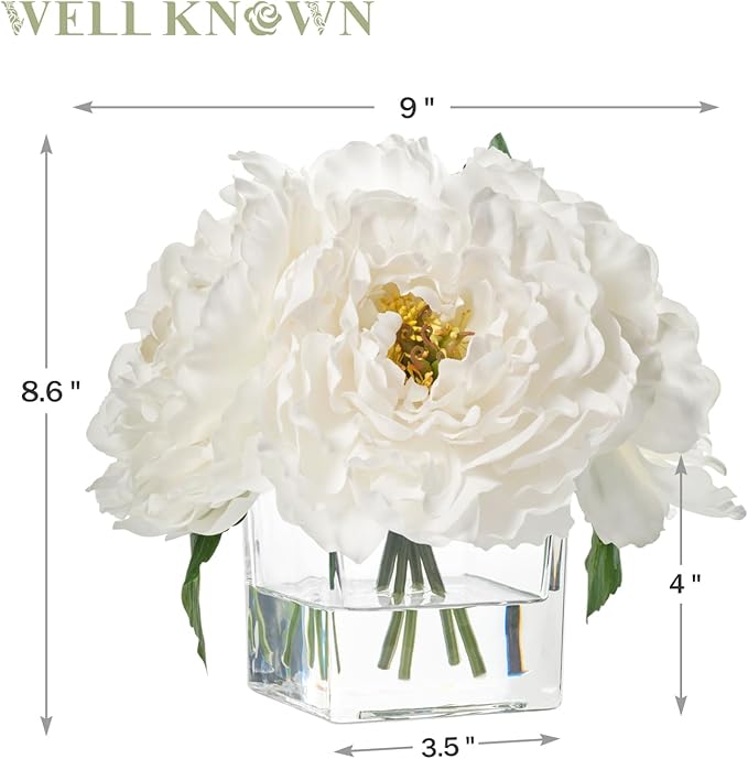 Artificial Peonies Flowers Arrangement in Cube Glass Vase, WELLKNOWN Ivory White Silk Flowers Centerpiece for Home Party Wedding Dining Coffee Table Decor, Faux Peony Flower Bouquet with Fake Water