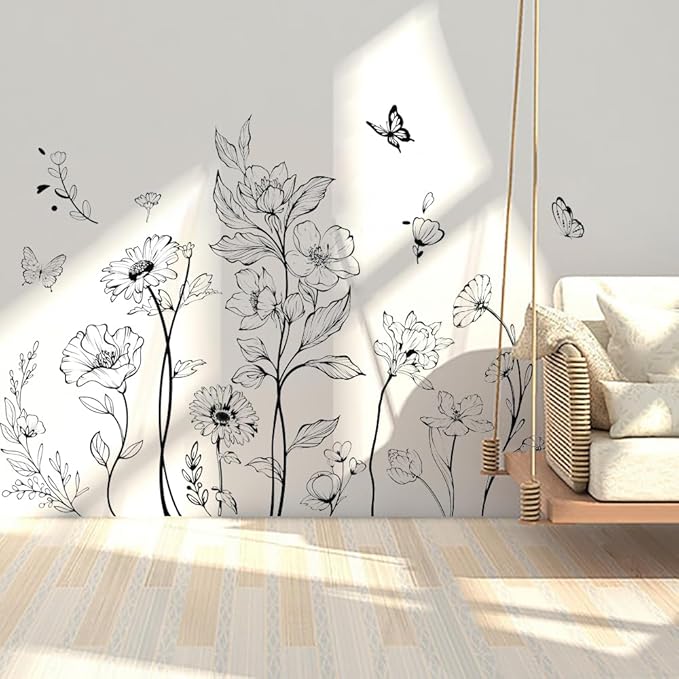 Runtoo Boho Black Flower Wall Decals Simple Wildflower Floral Wall Stickers for Girls Bedroom Nursery Home Decor