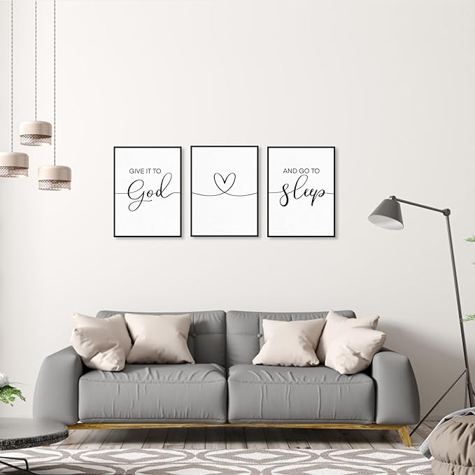 Give It To God And Go To Sleep 3-Piece Wall Sign Decor: Framed Modern Minimalist Quotes for Couples Above Bed 12"x16"