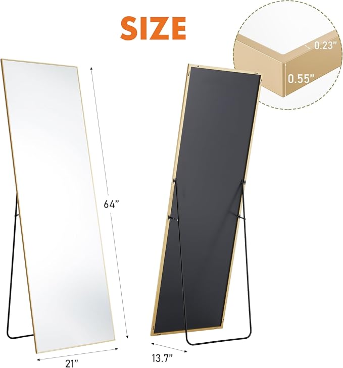 OLIXIS Full Length Mirror 59"x16.3" for Bedroom, Full Body Mirror with Stand, Hanging or Leaning for Wall, Aluminum Alloy Thin Frame Floor Standing for Living Room, Long, Gold