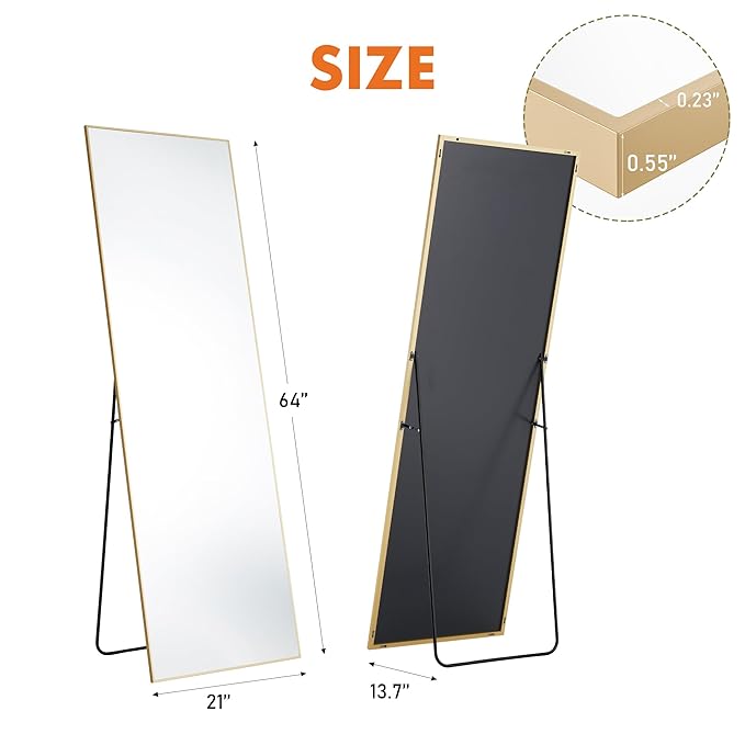 DUMOS Full Length Mirror 64"x21" Full Body Floor Mirror for Bedroom or Cloakroom, Can Stand Alone, Hang or Lean Against Wall, Tall Wall Mirror with Stand, Gold