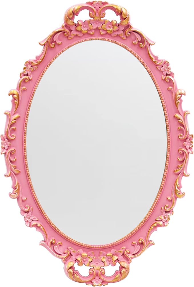 Vintage Decorative Pink Framed Mirror, Wall Hanging Mirrors & Tabletop Tray for Bedroom Living Room Dresser Decor, Oval- 9.6" W x 14.3" L (Pink)