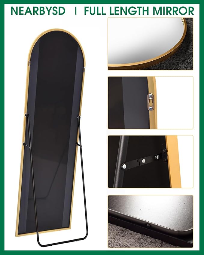 58"x18" Arched Full Length Mirror, Floor Mirror With Stand, Freestanding,Wall Mounted Hanging or Leaning Arched-Top Full Body Mirror for Bedroom, Dressing Room -Gold
