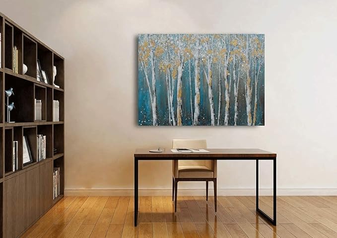 Yihui Arts Birch Tree Canvas Wall Art Hand Painted Teal and White Color Painting with Gold Foil Modern Forest Pictures for Living Room Bedroom Office Decoration