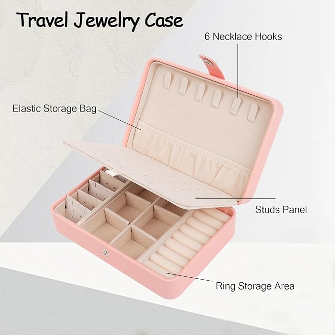 Travel Jewelry Organizer Box with Compartments, Small Jewelry Case with Necklace Hooks Ring Slots and Removable Dividers for Storage and Organization