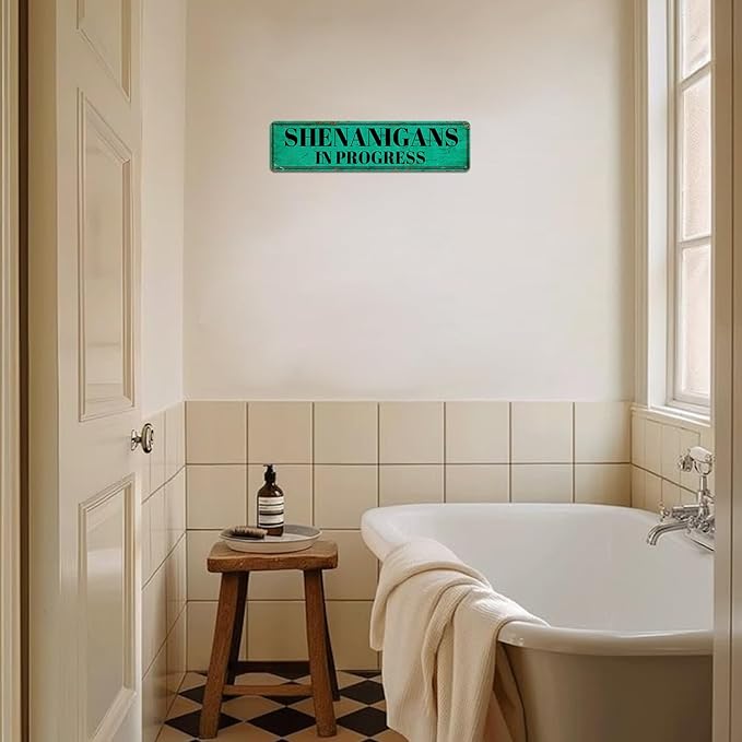 Vintage Metal Tin Signs Shenanigans In Progress Signs Vintage Bathroom Wall Art Retro Kitchen Signs Wall Decor Rustic Metal Tin Plaque Art Poster Metal Home Sign Decorative Tin Sign 4x16 Inch