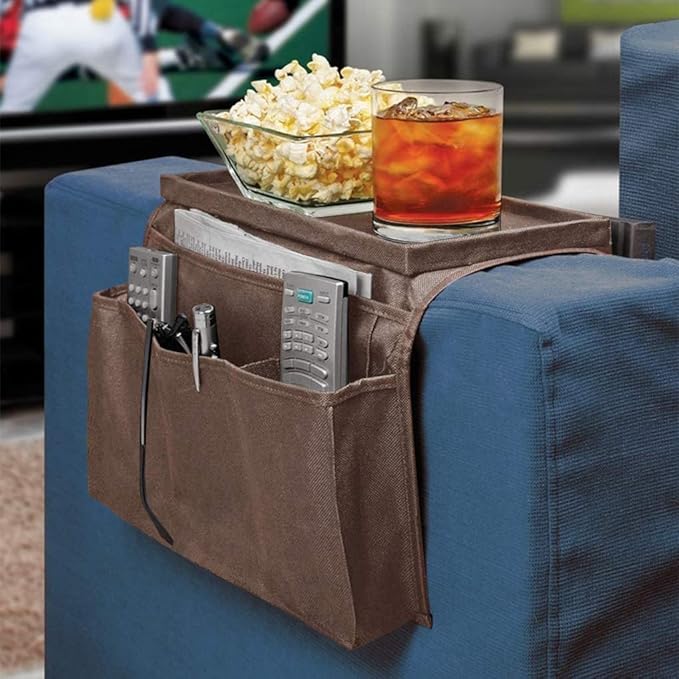 Sofa Armrest Organiser with Cup Holder Tray 6 Pockets TV Remote Control Organizer Sofa Couch Armchair Caddy Organiser Tidy Pocket Hanging Storage Bag Holder for Cellphone Magazine Drinks Snacks
