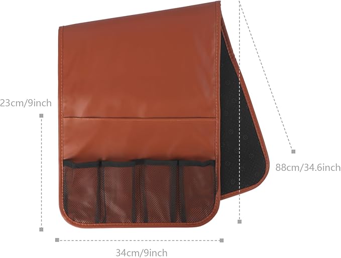 Sofa Armrest Organiser Non Slip Leather Couch Armrest Caddy Bedside Hanging Pouch Sofa Arm Tray Organizer with 5 Pockets for TV Remote Holder Magazines iPad Phone (Brown, one size)