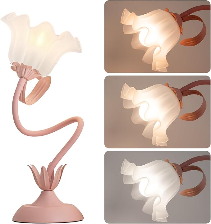 Flower Table Lamp, LED Reading Light Vintage Bedside Table Lamp with 3 Color Modes for Nightstand, Kawaii Decoration for Home Bedroom Living Room (Pink)