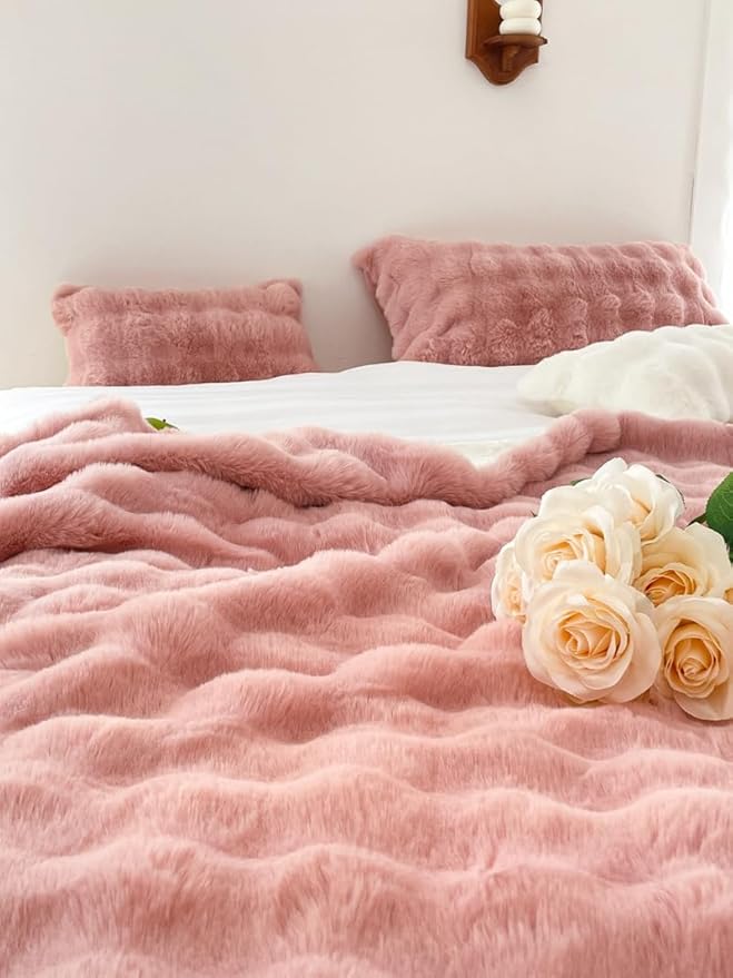 H&D Faux Fur Throw Blanket for Couch,Fluffy Cozy Soft Plush Luxury Thick Fuzzy Fleece Blanket for Couch Bed Sofa Bedroom Living Room,Comfy Bubble Blanket(Rose, Full (70"x80"))