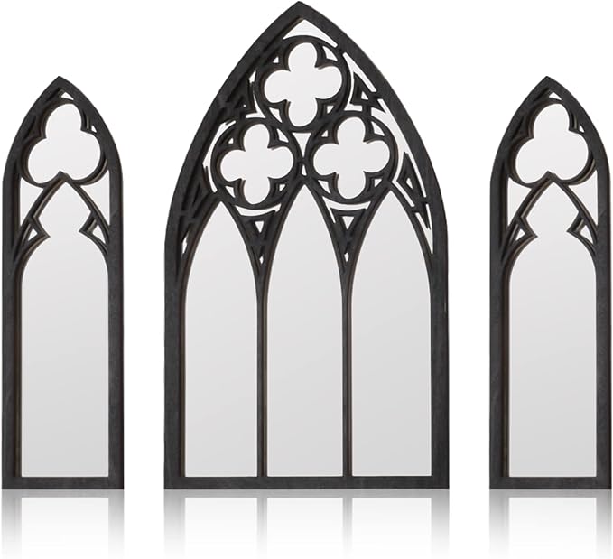 BOUMUSOE 3 Pack Gothic Mirrors, Cathedral Arch Frame, Tiny Gothic Room Decor - 9.8 inches Spooky Decorative Rustic Wall Hanging for Bedroom & Bathroom