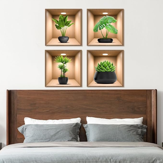 4 Pack 3D Green Plants Wall Decals, 3D Green Pot Plant Succulent Wall Stickers for Sofa Background Bedroom Living Room Kitchen