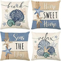 Beach Theme Throw Pillow Covers, 18x18 inches, Set of 4, Coastal Seashell and Starfish Design, Decorative Linen Cases for Living Room