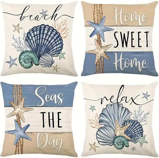 Beach Theme Throw Pillow Covers, 18x18 inches, Set of 4, Coastal Seashell and Starfish Design, Decorative Linen Cases for Living Room