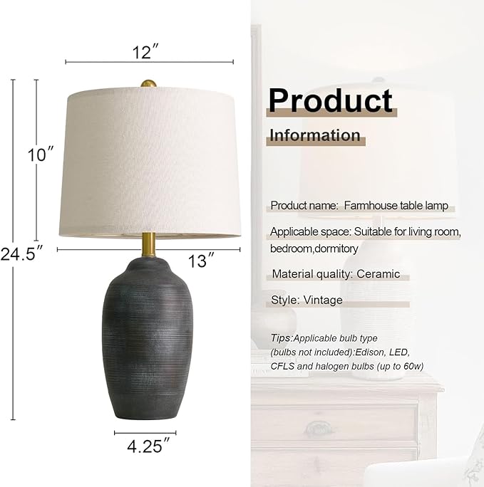 24.5" Vintage Ceramic Table Lamp with 5FT Cord- Single Farmhouse Rustic Bedside Lamp with Natural Textured Finish, Nightstand Lamps for Living Room, Bedroom, End Table, Office Retro Black
