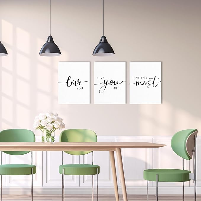 Love You More Wall Art: 3 Piece Romantic Minimalist Art Bedroom Decor Above Bed 12"x16", Farmhouse Love Quotes Signs for Couples, Modern Master Bedroom Decor