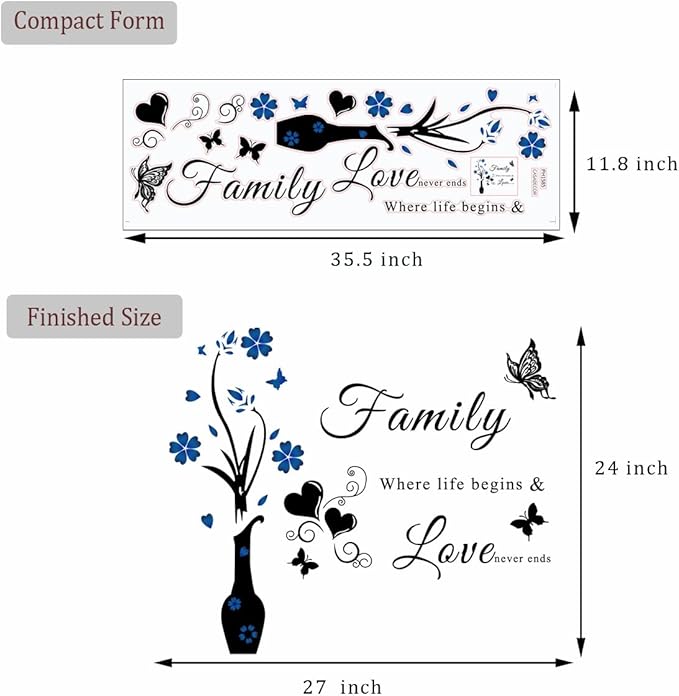 Family Wall Sticker Decals: Inspirational Quote Vase Art Vinyl Lettering Saying for Living Room, Bedroom & Dining Room Decor