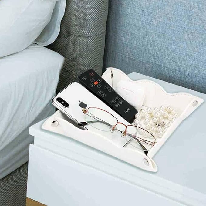 Valet Tray for Men Women 2 Pack - PU Leather Travel Catchall Tray Organizer - Desk Bedside Nightstand Storage Box for Jewelry Key Phone Remote Controller Wallet Watch Glasses Readers -White