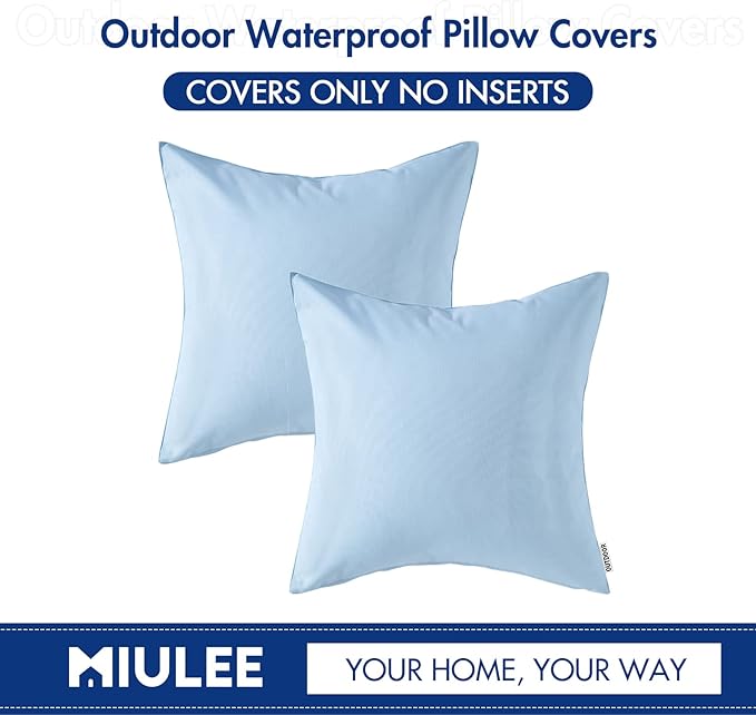 MIULEE Pack of 2 Decorative Outdoor Waterproof Pillow Covers Square Garden Cushion Sham Throw Pillowcase Summer Shell for Patio Tent Couch 20x20 Inch Light Blue