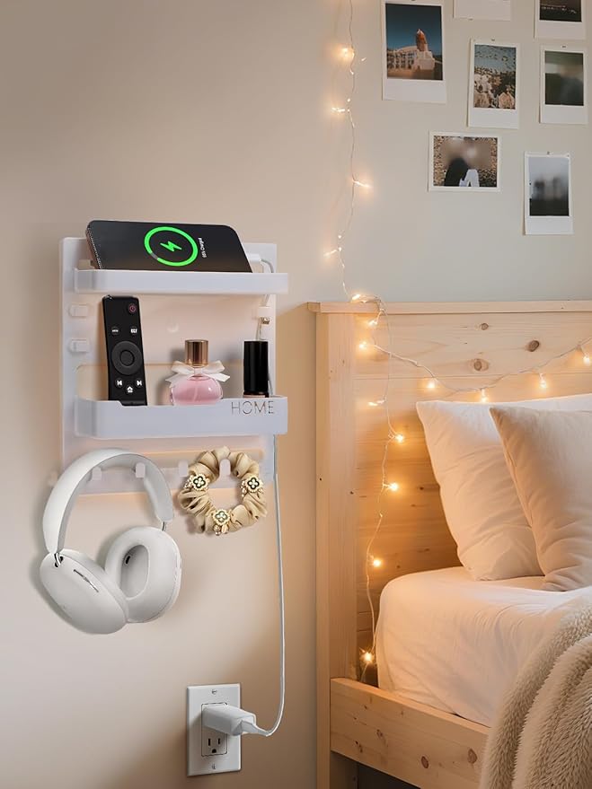 Bedside Wall Organizer Shelf for Bedroom Accessories - Adhesive Bedside Caddy Storage with Cable Clips, Teen Room Decor Essentials