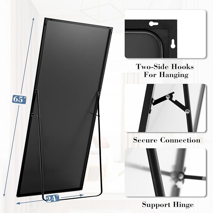 Mirror Full Length, Upgraded Body Wall Mirrors with Shatter-Proof Glass, Floor Standing, Hanging or Leaning, Tall Mirror with Stand Aluminum Alloy Frame for Bedroom