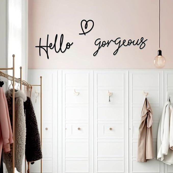 Bnesi Hello Gorgeous Heart Sign Wall Decor Black Metal Wall Decor Modern Hello Gorgeous Elegant Metal Wall Art Decor for Bathroom, Bedroom, Lash room (Black, Large)
