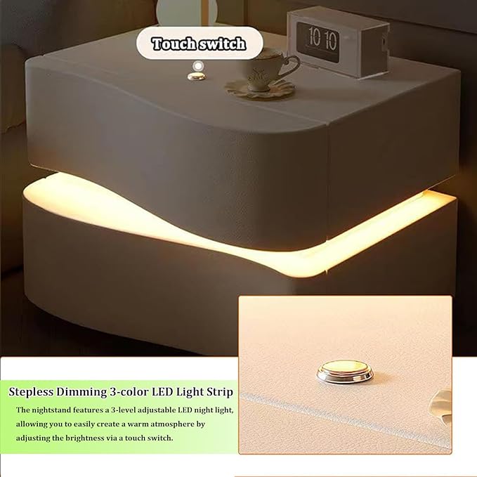 Modern Nightstand with LED Light, Leather Night Stand with Drawer, Solid Wood Bedside Table (3 Drawers, White)