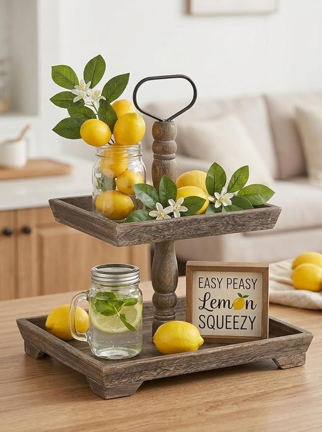 Hanobe Tiered Tray for Table Decor: 2 Tier Sunflower Decorative Tray Stannds for Table Centerpieces - Rectangle Farmhouse Serving Stand for Coffee Bar, Rustic Brown