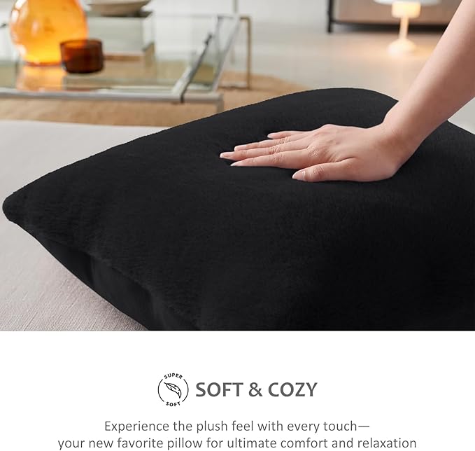 Pallene Faux Fur Plush Throw Pillow Covers 20x20 Set of 2, Luxury Soft Fluffy Cozy Decorative Pillow Covers for Sofa, Couch, Living Room, Black