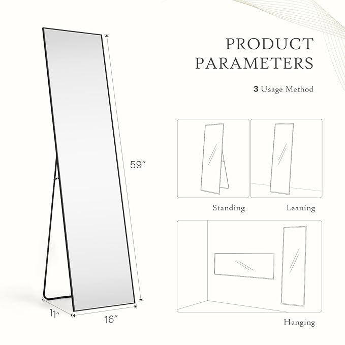DUMOS Full Length Mirror 59"x16" Full Body Floor Mirror for Bedroom or Cloakroom, Can Stand Alone, Hang or Lean Against Wall, Tall Wall Mirror with Stand and Sleek Aluminum Alloy Thin Frame