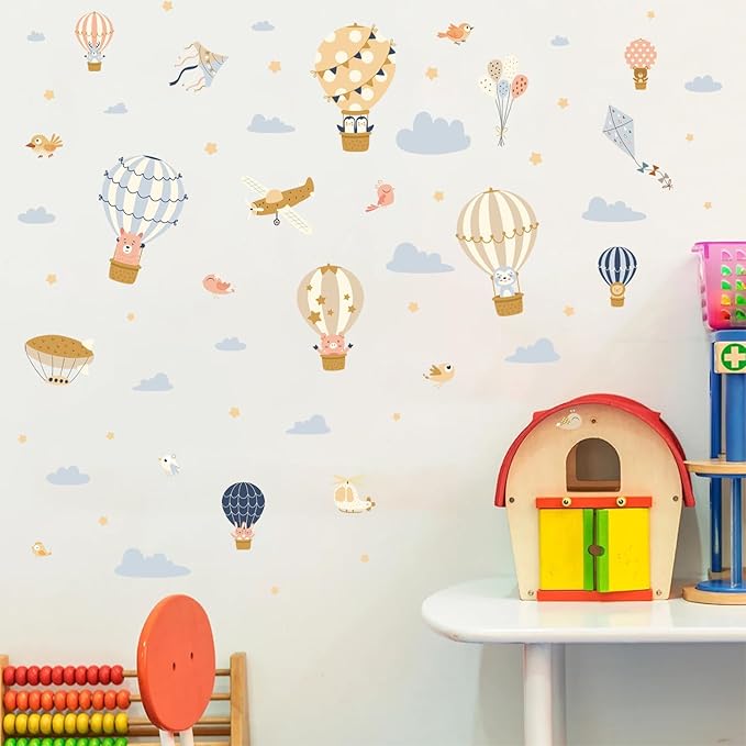 HLNIUC Large Hot Air Balloon Wall Sticker 35”x24”Baby Animal Peel And Stick Wall Art Decal Star Moon Cloud Balloons Window Cling Cartoon Airplane and Hot Air Balloon Room Sticker for Nursery Kids Room