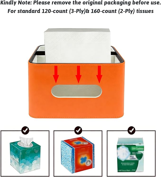 PU Leather Tissue Box Cover Square - Multifunctional Tissue Box Holder with Storage, Tissue and Remote Control Holder Organizer with Compartments for Bedroom Nightstand, Desk, Living Room (Orange)