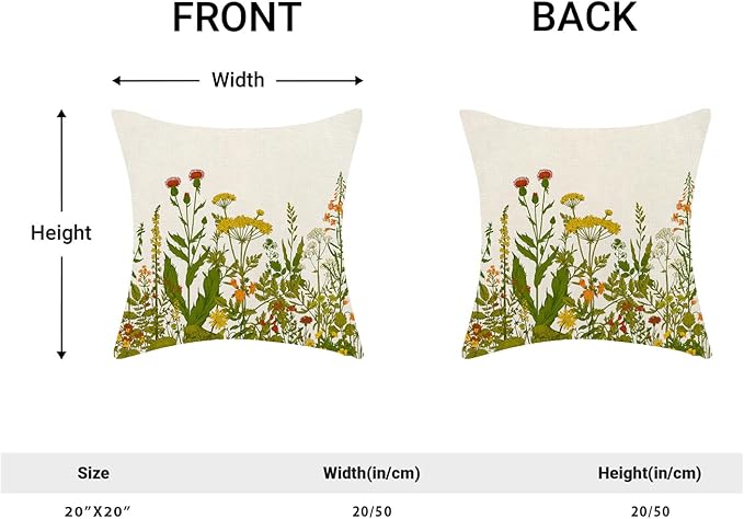AEIOAE Yellow and Green Pillow Covers 20x20 Inch Set of 2, Spring Wildflower Plant Throw Pillows Case,Seasonal Floral Outdoor Decorative Flowers Farmhouse Decor Cushion Covers for Home Sofa Bed Couch