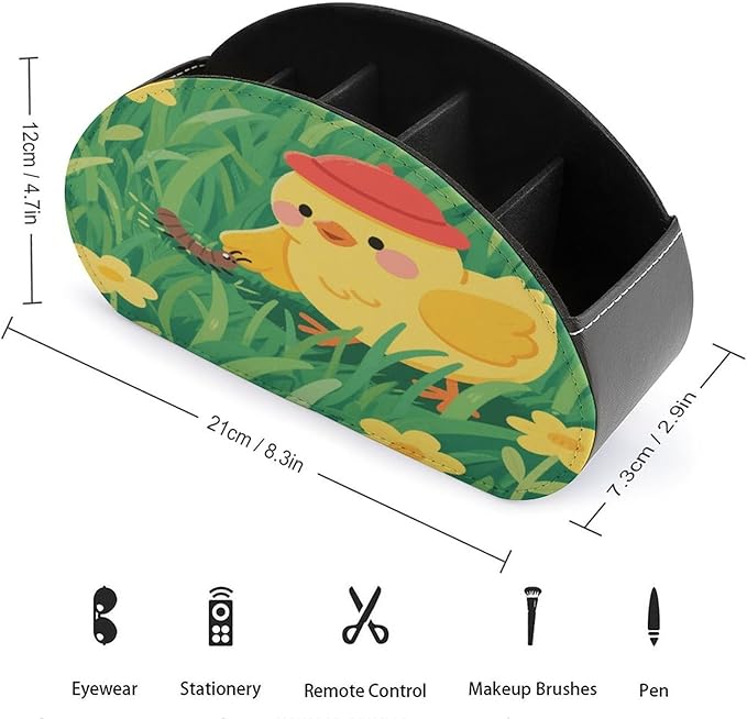 Yellow Chick in Grass Remote Control Holder Organizer Box with 5 Compartment PU Leather Bedside Storage Caddy Remote Organizer for Controller Media Player Pen/Pencil Storage