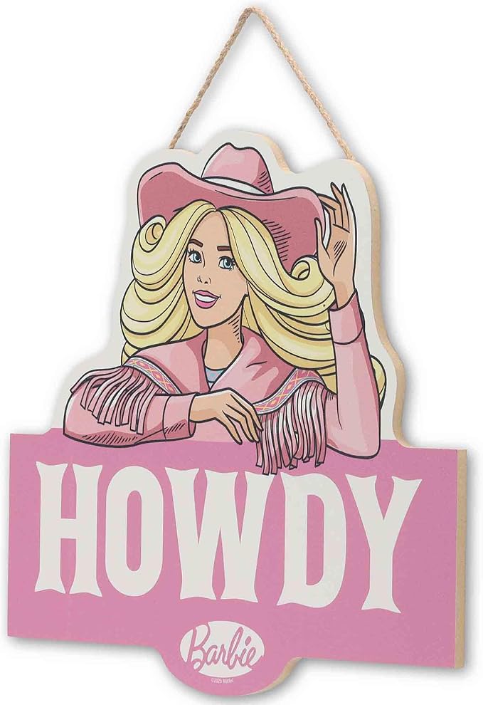 Mattel Barbie Cowgirl Howdy Hanging Wood Wall Decor - Western Barbie Sign for Kids's Bedroom or Play Room