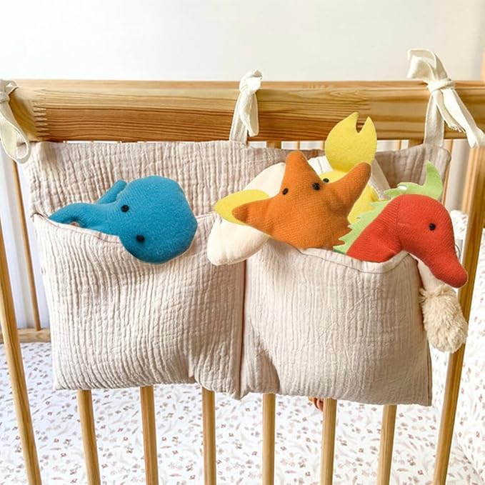 Linen Baby Bedside Hanging Storage Bag, 2 Pockets Organizer for Baby Cribs Diapers, Toys, Clothing, Milk Bottle