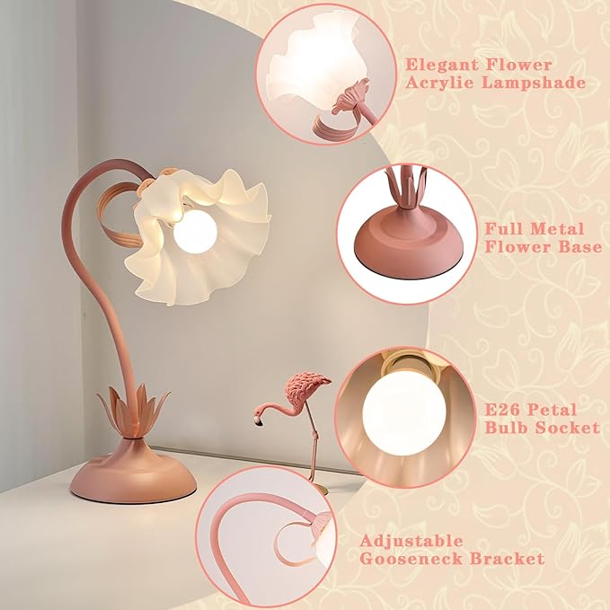 Flower Table Lamp, LED Reading Light Vintage Bedside Table Lamp with 3 Color Modes for Nightstand, Kawaii Decoration for Home Bedroom Living Room (Pink)