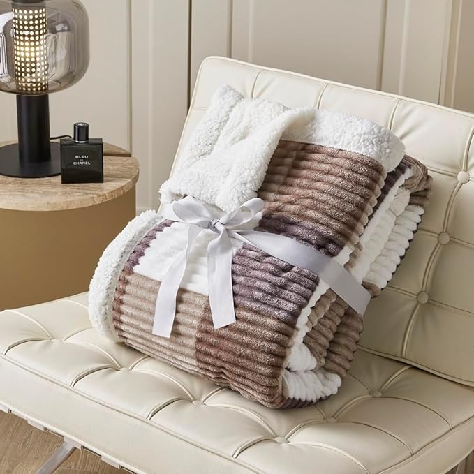 Sherpa Fleece Throw Blanket for Couch, Fluffy Plush Warm Fuzzy Blanket for Women and Men, Cozy Thick Soft Twin Blanket for Bed, Beige, 60x80 Inches