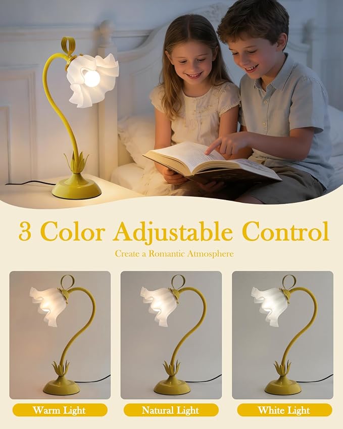 Flower Table Lamp, LED Reading Light Vintage Bedside Table Lamp with 3 Color Modes for Nightstand, Kawaii Decoration for Home Bedroom Living Room (Yellow)
