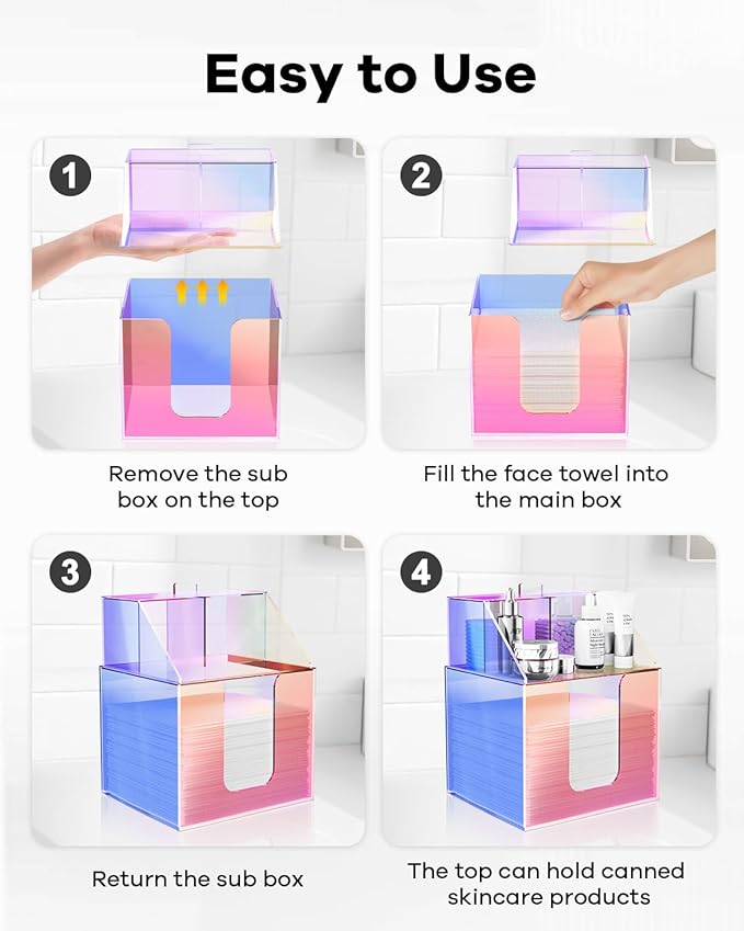 Disposable Facial Towels Storage Box Compatible with Clean Skin Club Clean Towel XL - Cotton Pads - Swabs Upgraded Double Layer Acrylic Storage Container Face Towel Holder (Glossy Rainbow)